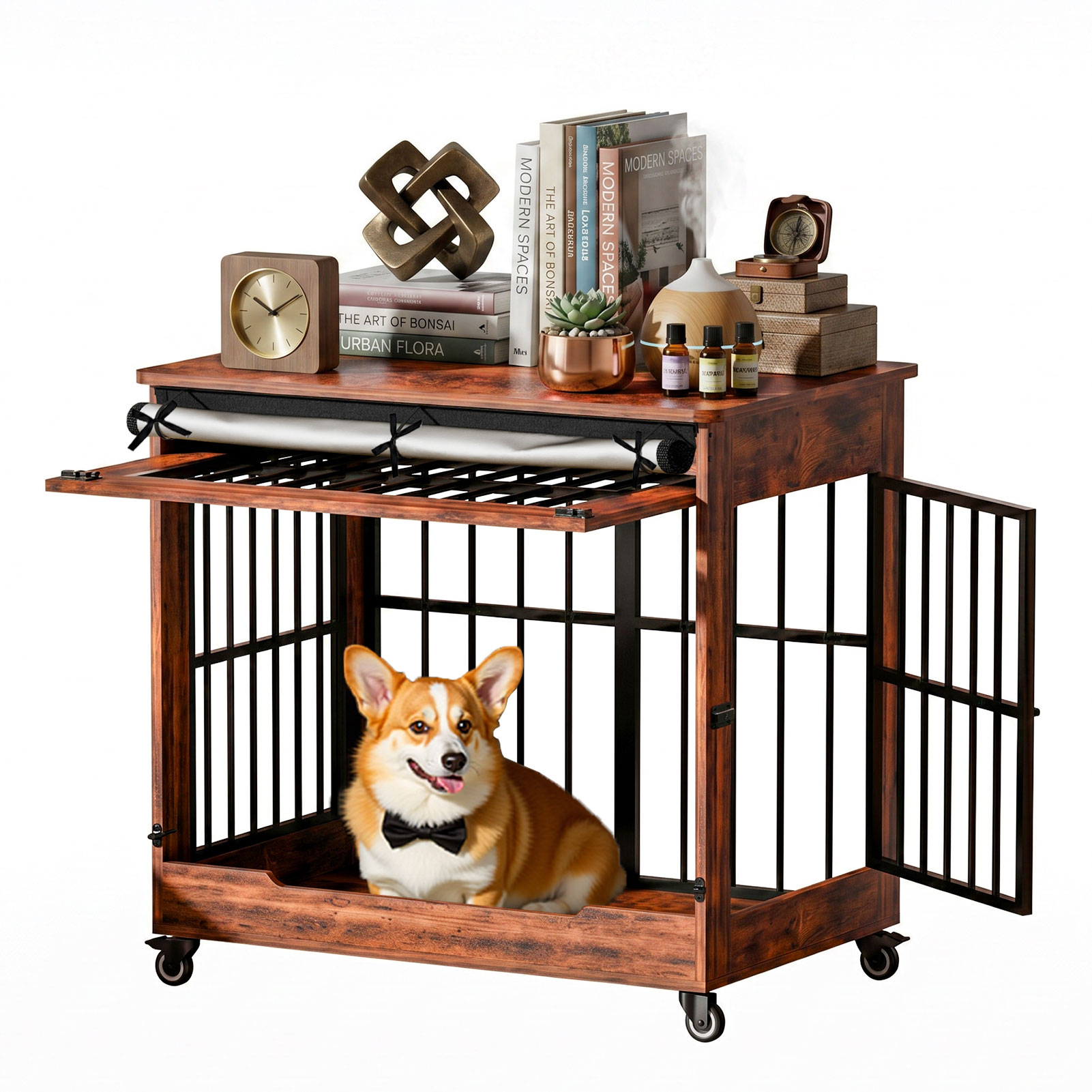 Dog Crate Furniture, Double Door Wooden Indoor Dog Kennel Furniture, Decorative Pet Cage End Table With Wheels For Medium And Small Breed Dogs, Size M, Greige — image 34