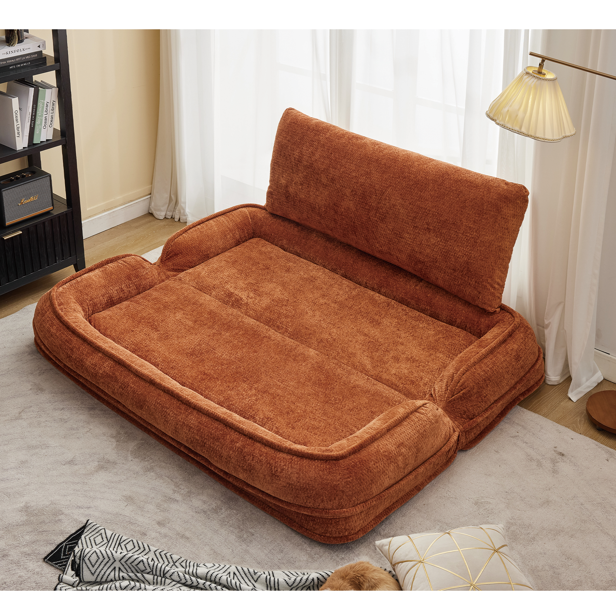 Silla de descanso doble para perros, Sofá relajante, Silla de amor, Adecuada para ti y tus mascotas, Couch de piso extra grande, Puedes sentarte o acostarte, 2 en 1, 5 posiciones ajustables, Almohada rellena, 2 asientos, Chenille naranja — imagen 20