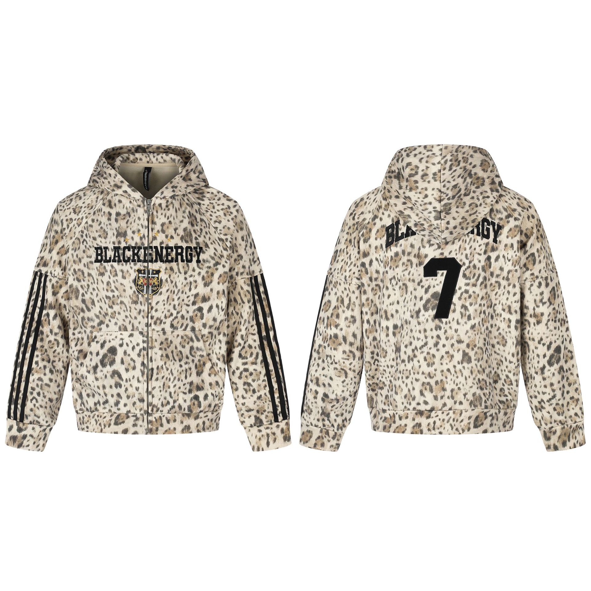 All-Over Leopard Print Oversized Hooded Jacket with Raglan Striped Sleeves and Embroidery — image 5