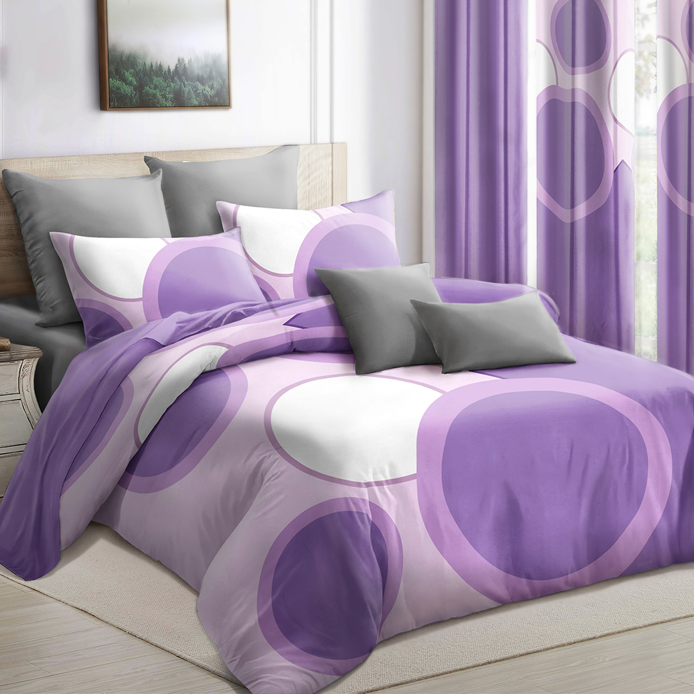 9 Piece Room In A Bag Quilt And Curtain Set, US Designer Lavender Purple Geometric Circle Print Heavyweight Bedspread With 6 Customizable Window Panels, Pet-Friendly High GSM Coverlet — image 4