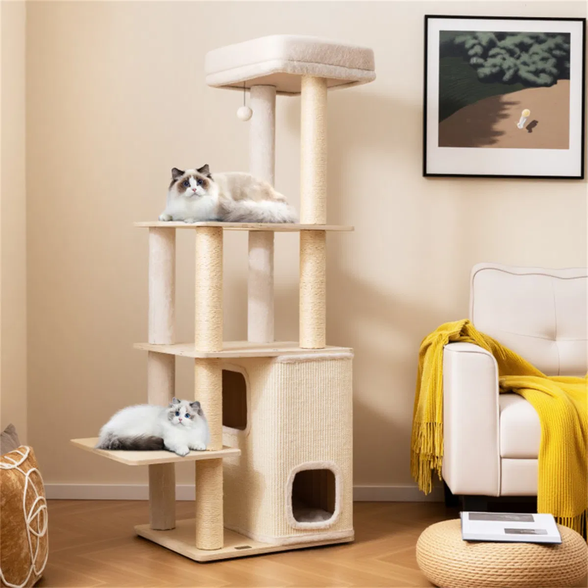 63" Wooden Cat Tree - 2-Story Condo with Bamboo Interior, 5 Sisal Scratching Posts, 44 lbs Per Layer Capacity — image 4