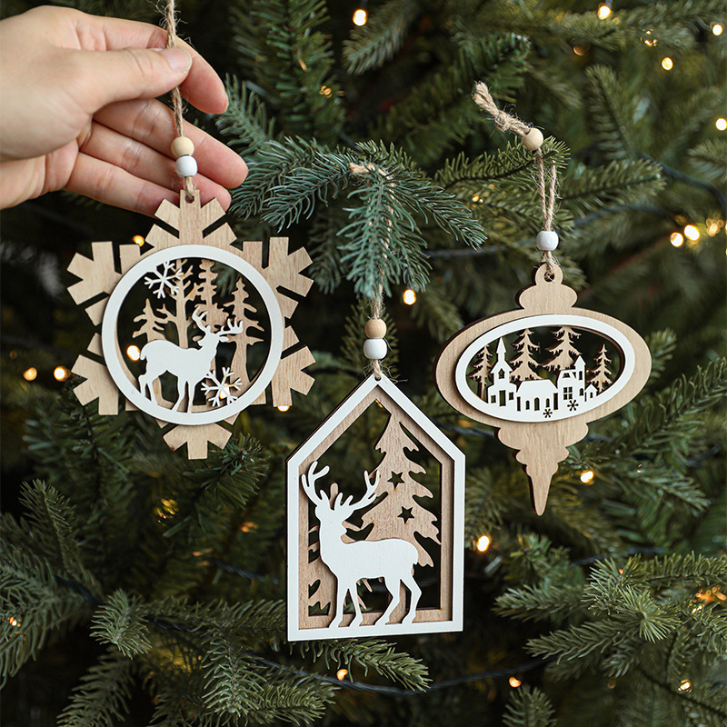 Christmas tree decorations, wooden creative pendants, reindeer houses, snowflakes, Christmas decorations, pendants — image 2