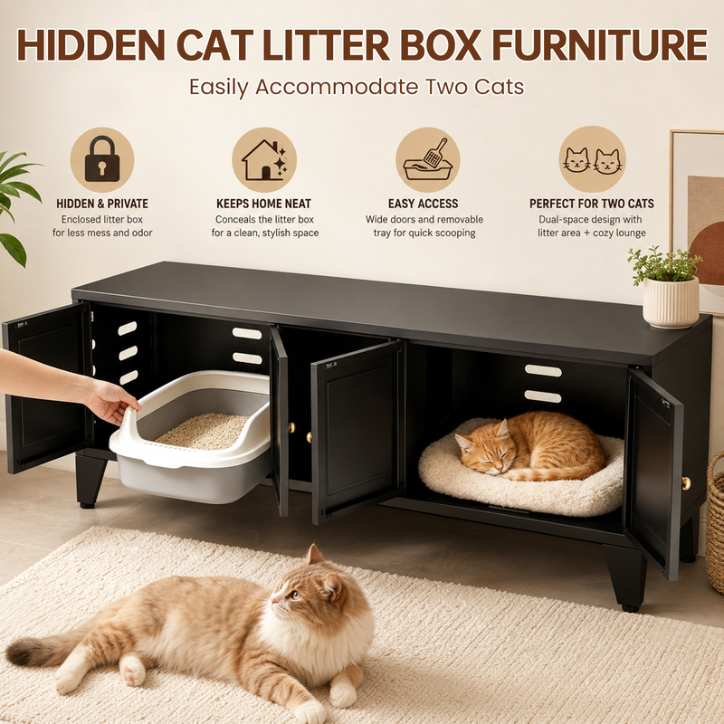 Caja de Limpieza para Gatos en Metal, Encierro Oculto para 2 Gatos, Casa Grande para Indor con Ventilación y 2 Compartimentos, Negro Moderno — imagen 6