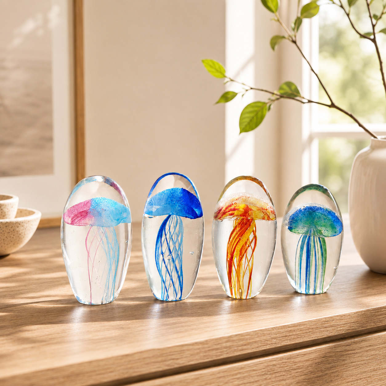 Handmade Glass Glow-in-the-Dark Jellyfish Ornament, Glass Paperweight, Ocean-Style Desk Decoration — image 4