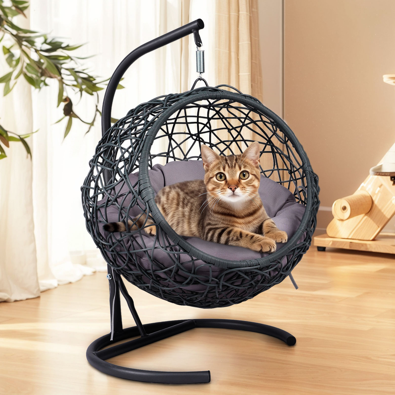 Cama de Colgar para Gatos con Soporte y Almohada, Silla de Huevo en Madera de Caña con Apariencia de Rattán, para Gatos, Pequeños Perros y Animales Pequeños. Gris. — imagen 1