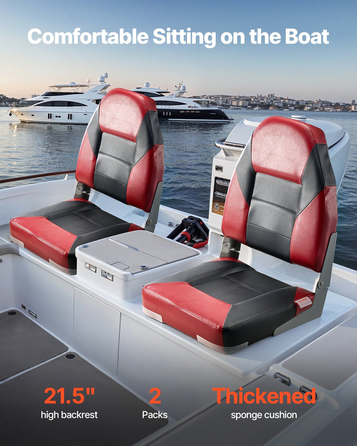 Boat Seat, High Backrest, Folding Fishing Boat Seat With Thickened Sponge Cushion & Waterproof PVC Leather, Aluminum Alloy Hinges, Flip Up Boat Seat For Boats, Yachts, Ships, Black & Red — imagen 3