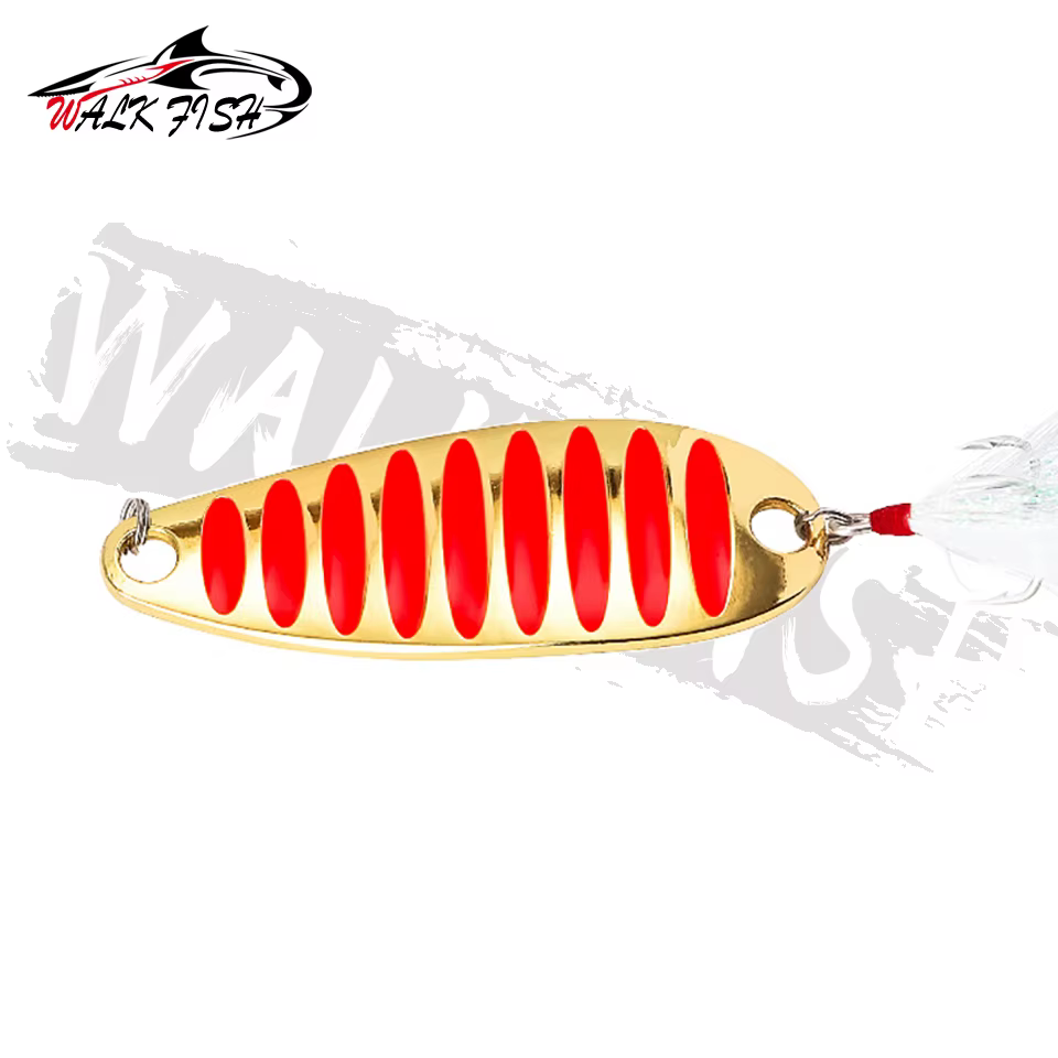 Cuchara de pesca WALK FISH - Linternas de pesca metálicas pesadas 5g/7g/10g/15g/20g/30g en oro y plata con atracones de pluma — imagen 4