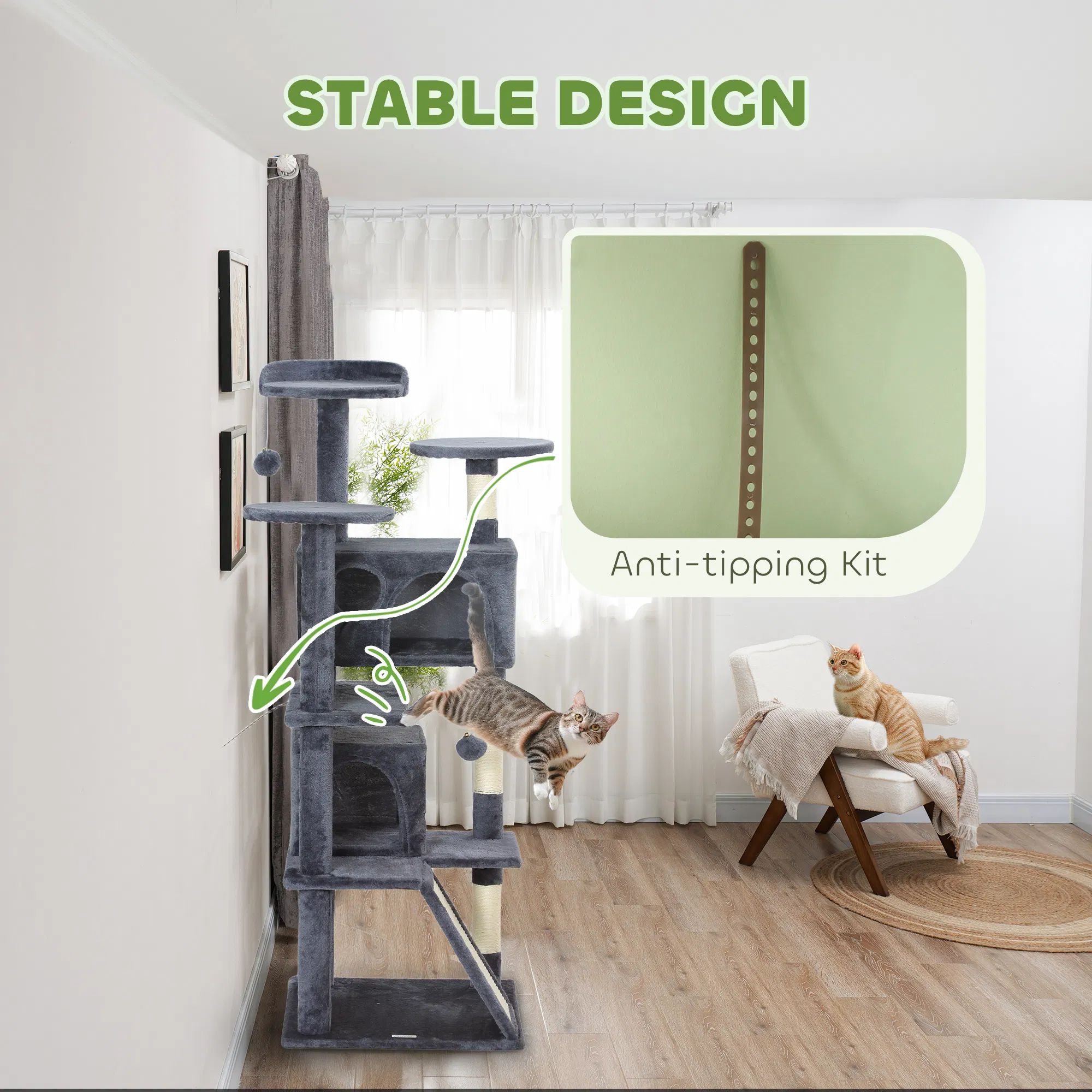 54" Cat Tree, Multi-Level Cat Tower with Scratching Posts, Cat Condos, Bed, Platforms, Ramp, Toy Ball, Dark Grey — image 5