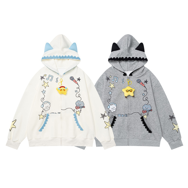 Cartoon note cat print pocket lace casual hoodie jacket — image 4