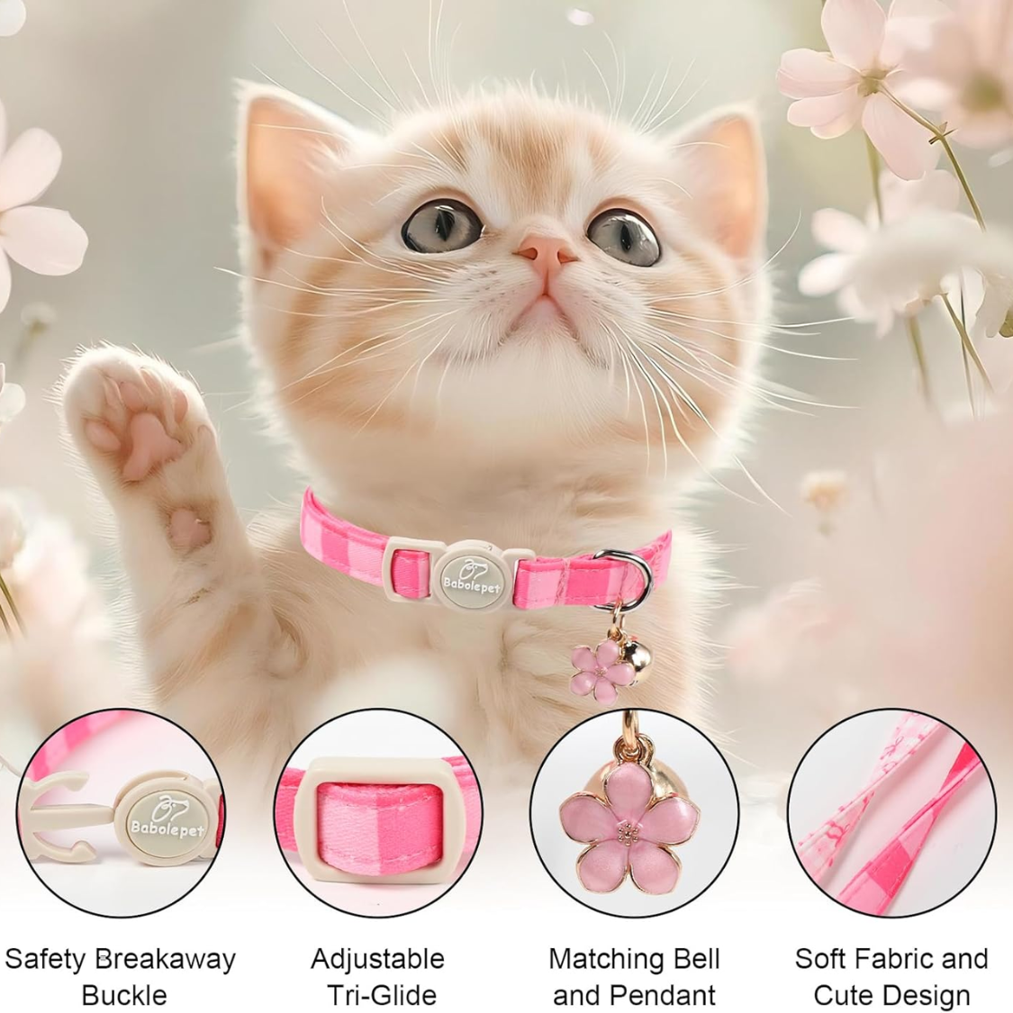 Paquete de 2 Collares Rosas Para Gatos, Primavera Verano, Collar de Seguridad Con Liberación Automática, Cascabel, Lazo y Colgante de Flor, Collares Ajustables Para Gatitas, Lindo Lazo de Cuadros Rosa — imagen 3