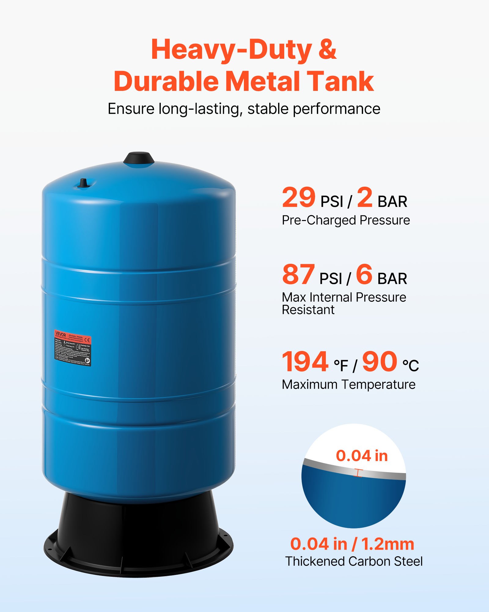 Tanque de Presión Vertical de Pozo de 20 Galones, Tanque de Agua Presurizado Precargado para Bombas de Pozo, Contenedor de Almacenamiento de Agua de Acero al Carbono de Alta Resistencia para Hogar, Escuela, Granja y Sistemas de Riego — imagen 2
