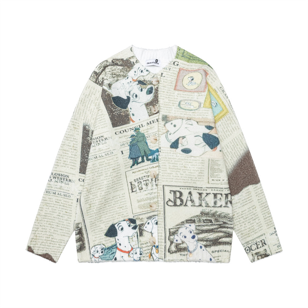 Cartoon puppy newspaper printed cardigan sweater — image 7