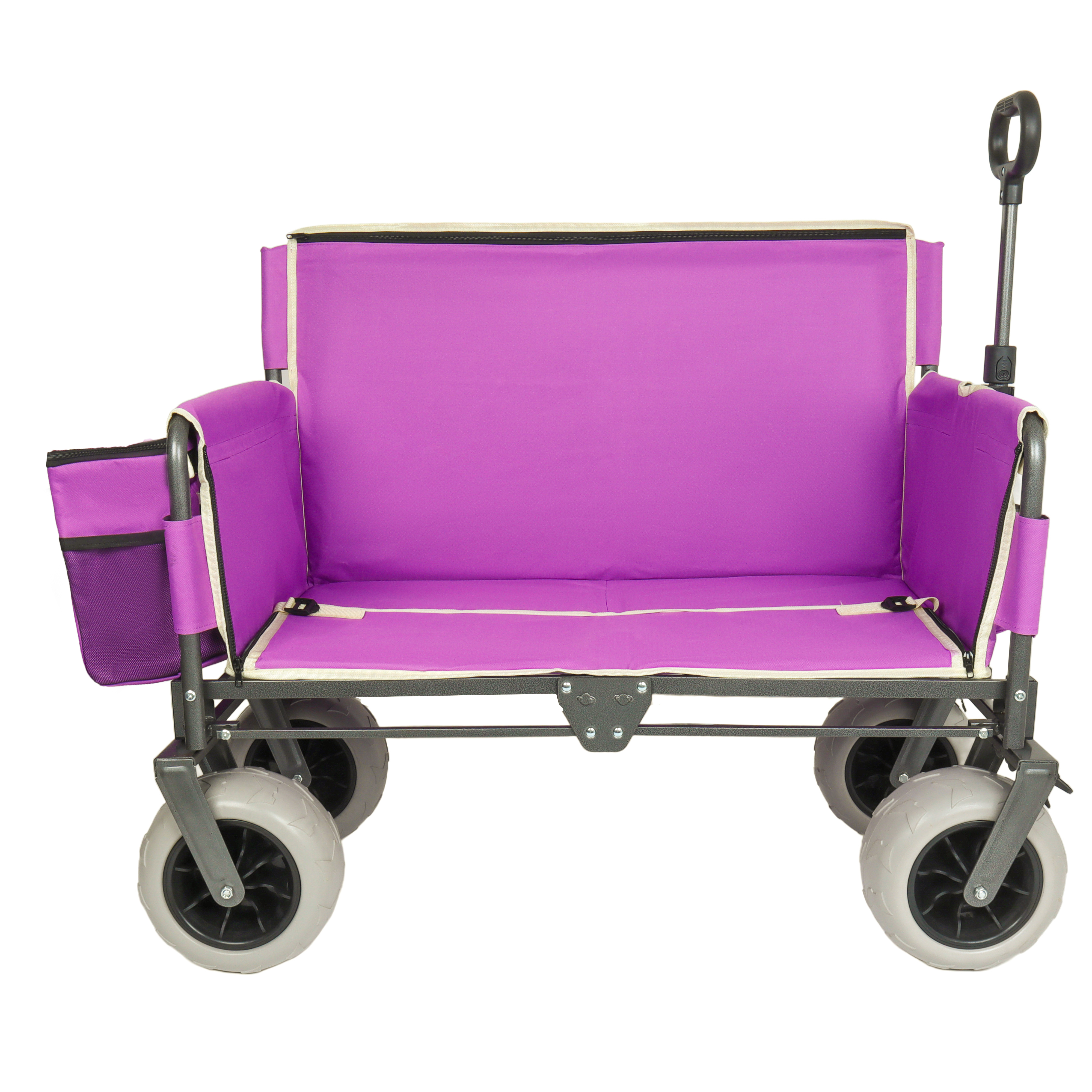 Carro Plegable Resistente 3 en 1 con Asiento tipo Banca y Almacenamiento, Protección de Patente - Incluye 1 Bolsa de Hielo, Capacidad de 500lbs / 180L, Ruedas Todo Terreno para Camping, Playa, Deportes, Jardín y Pesca, Morado — imagen 1