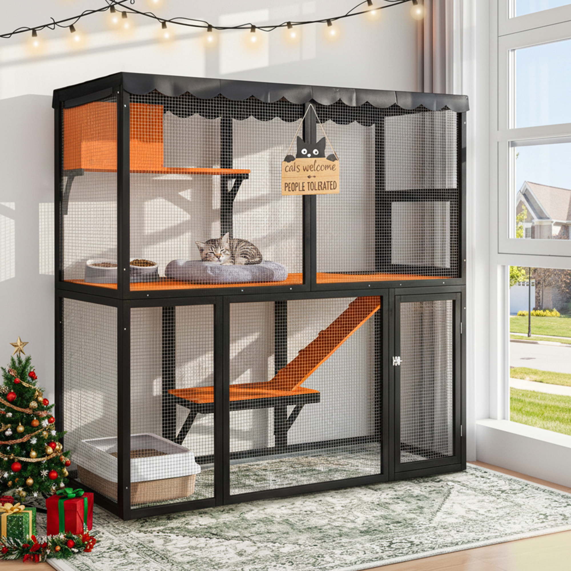 Catio de Madera para Gatos al Aire Libre - Casa Grande para Varios Gatos con Acceso Interior y Cubierta Impermeable 4 Niveles — imagen 1