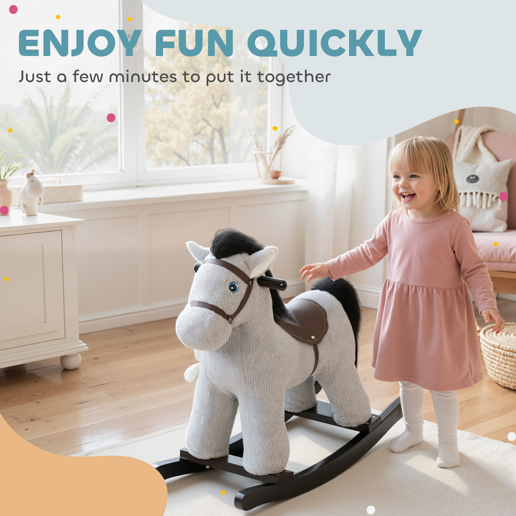 Caballo de Madera para Niños, Montura Plush con Sonidos de Caballo y Juego para Edad 2-5 Años, Gris — imagen 8