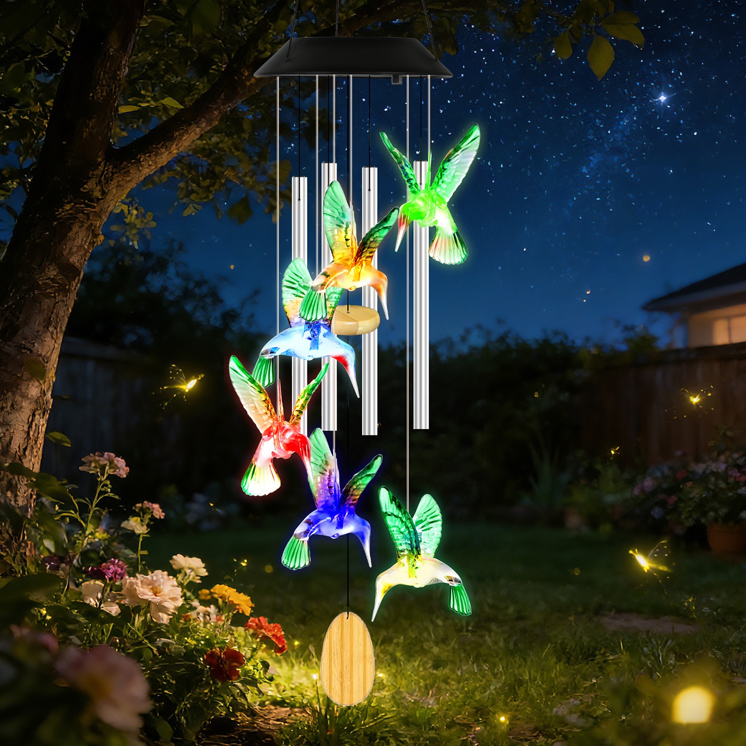 Solar Hummingbird Wind Chime With Aluminum Tubes 7 Color Changing Wind Chime For Outside IPX4 Waterproof Outdoor Garden Yard Decor — image 1