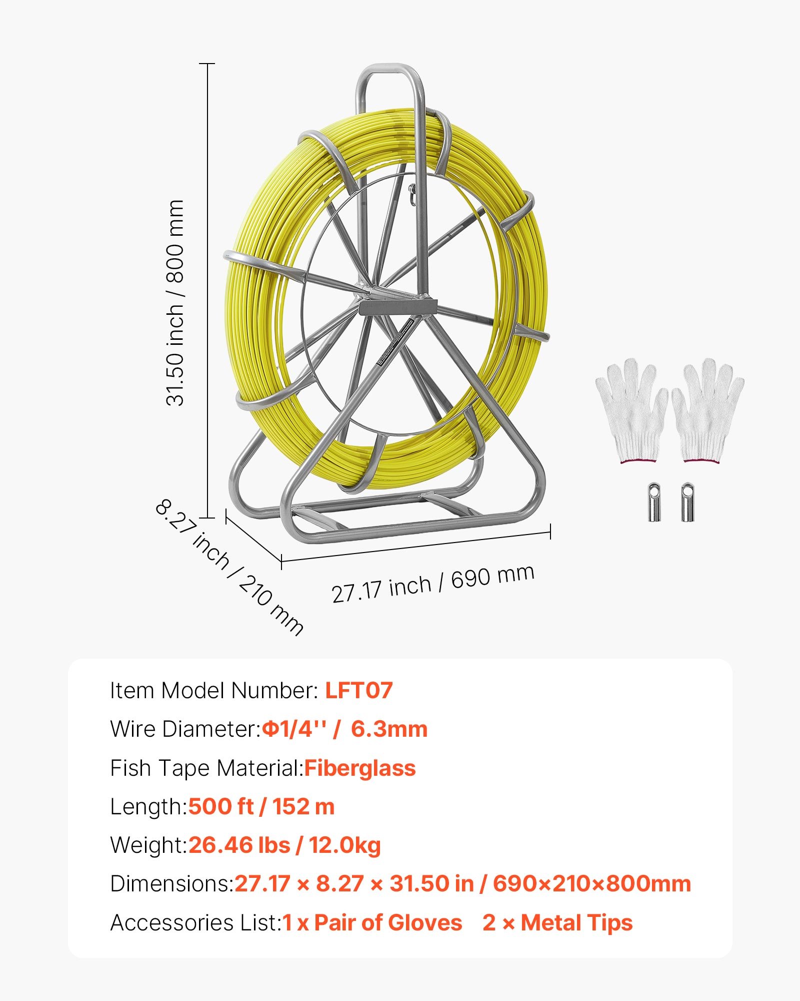 Fish Tape Fiberglass, 500FT 6.3MM, Duct Rodder Fishtape Wire Puller With Stand, 1/4-Inch Cable Running Rod, Marked Every 5 Feet, Fishing Tools For Walls And Electrical Conduit, Non-Conductive — image 1