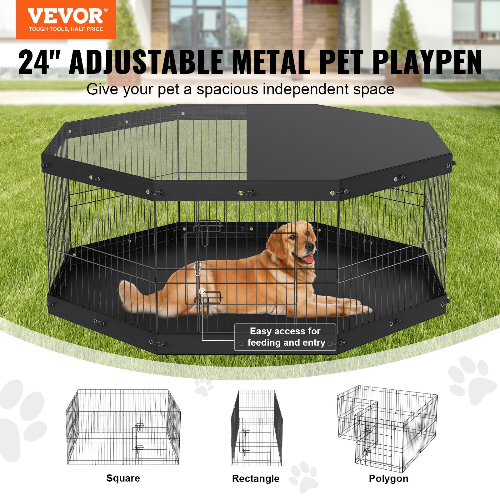 VEVOR Dog Playpen, 8 Panels Foldable Metal Dog Exercise Pen With Top Cover And Bottom Pad, 24in H Pet Fence Puppy Crate Kennel, Indoor Outdoor Dog Pen For Small Medium Pets, For Camping, Yard — imagen 6