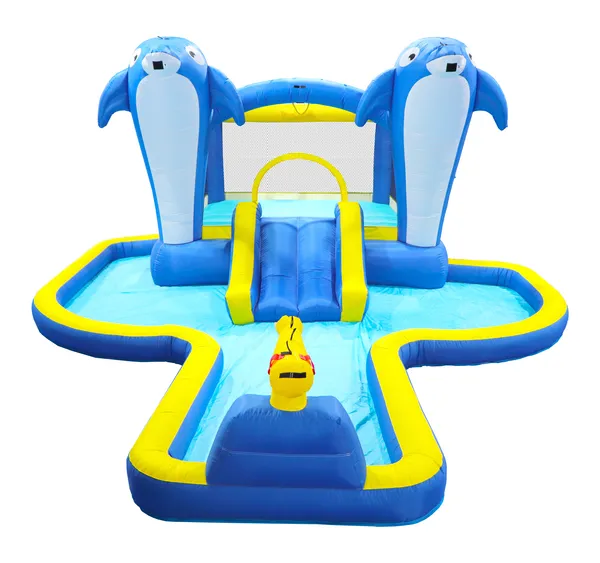 8 In1 Inflatable Slide Water Park Trampoline Bouncing House Outdoor Garden With Dolphin Sprinkler & Target Games & Water Gun & Basketball — imagen 1