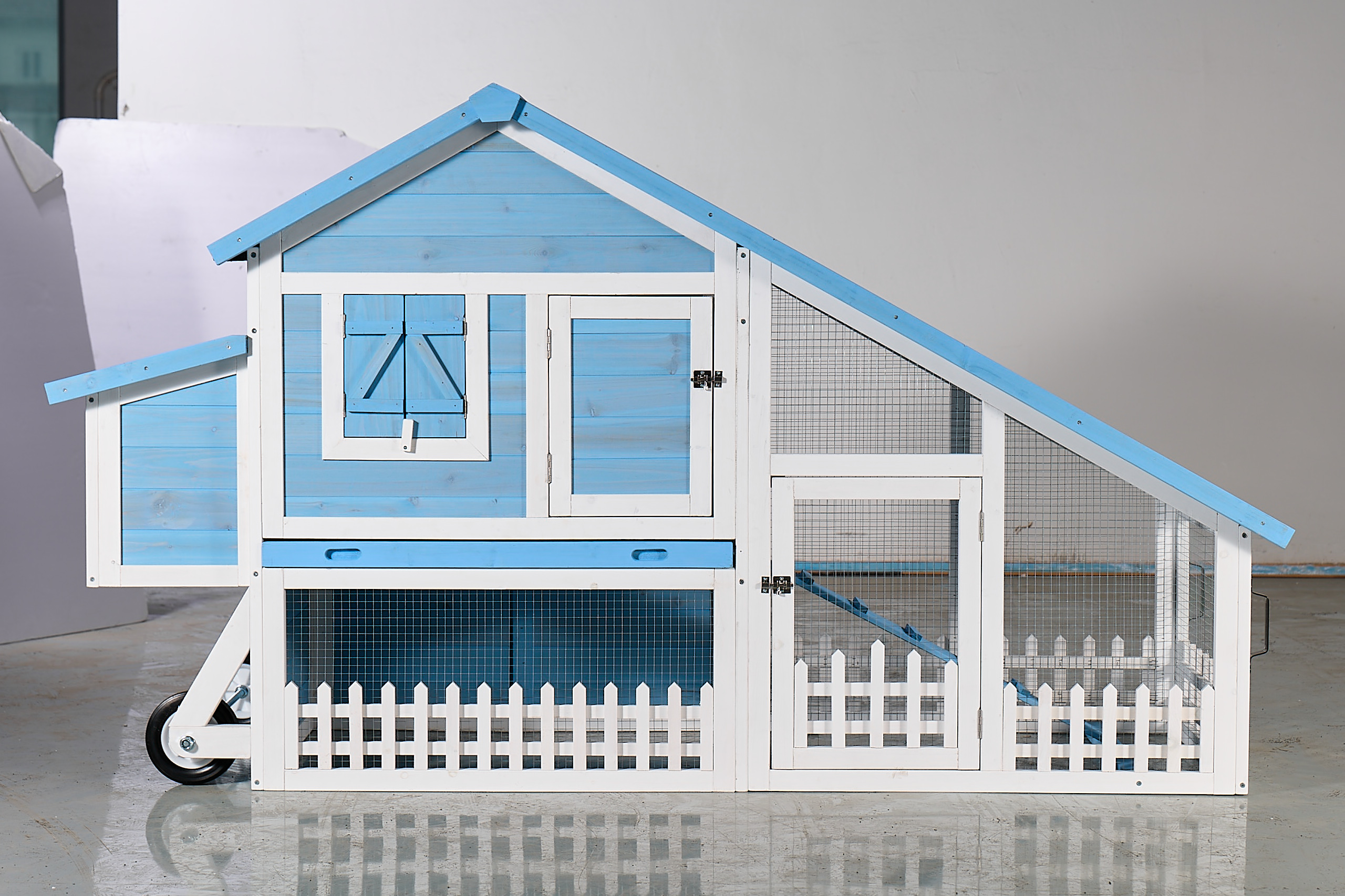 76 Wooden Rabbit Hutch Bunny Cage With Waterproof Asphalt Roof, Fun Outdoor Run, Removable Tray And Ramp, Light Blue — imagen 1