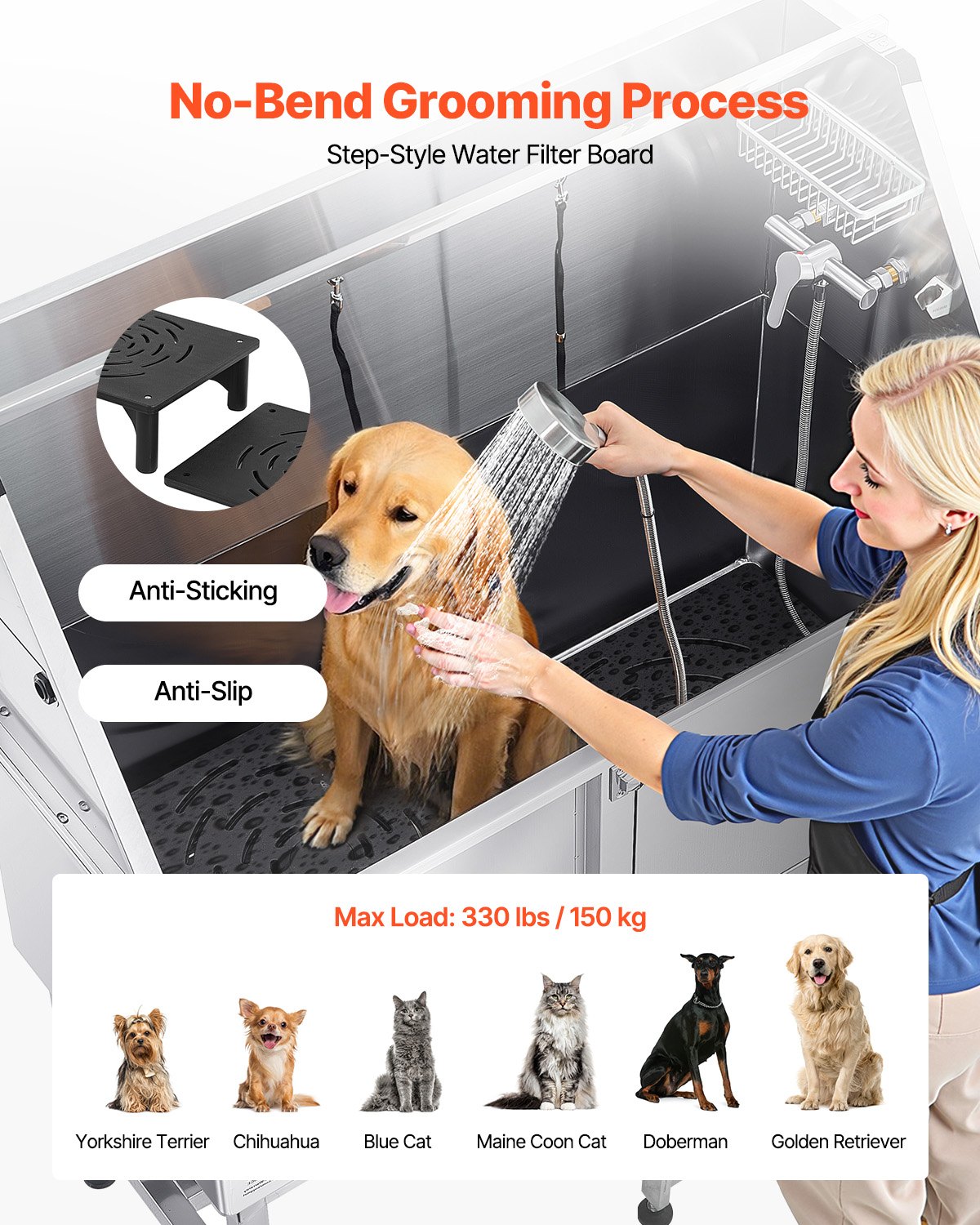 Tina de Baño para Aseo Canino de Acero Inoxidable con Rampa y Filtro de Agua — imagen 8