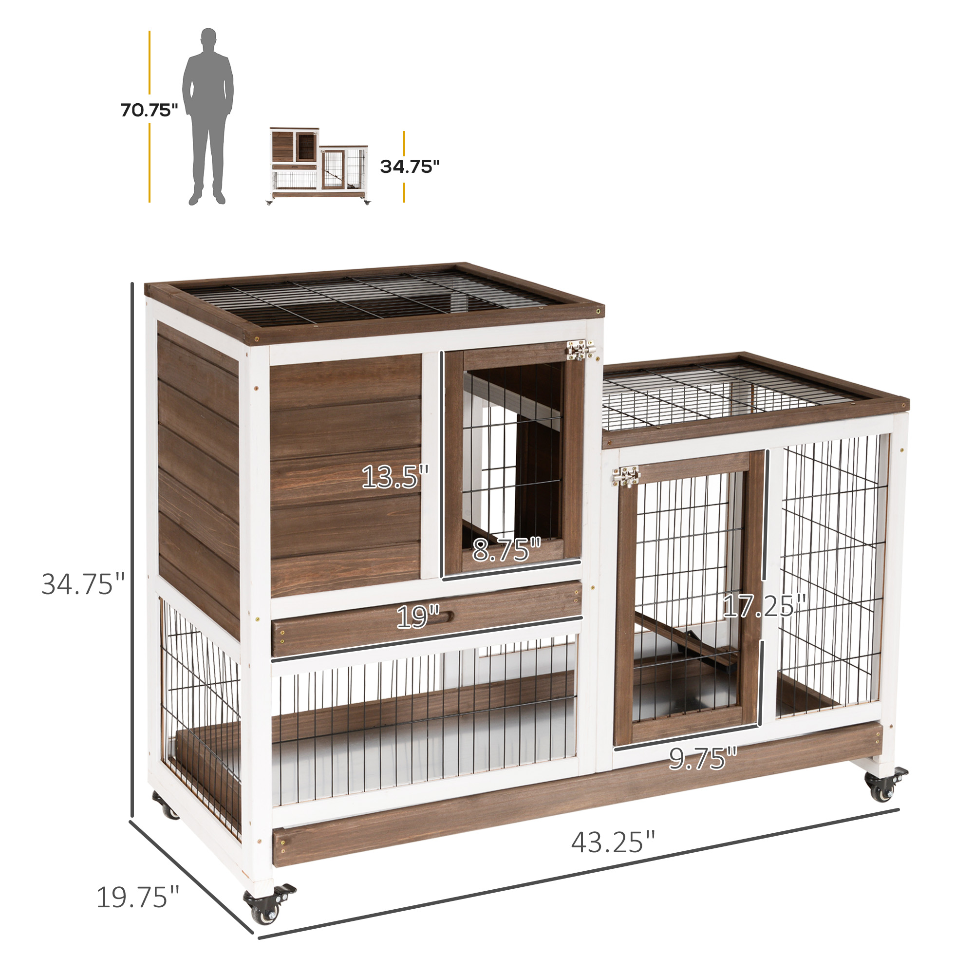 Jaula de Conejo en Madera con Ruedas y Rampita para Conejos, Pollos, Patos, Piguinas - Habitación Grande pero Compacta — imagen 2