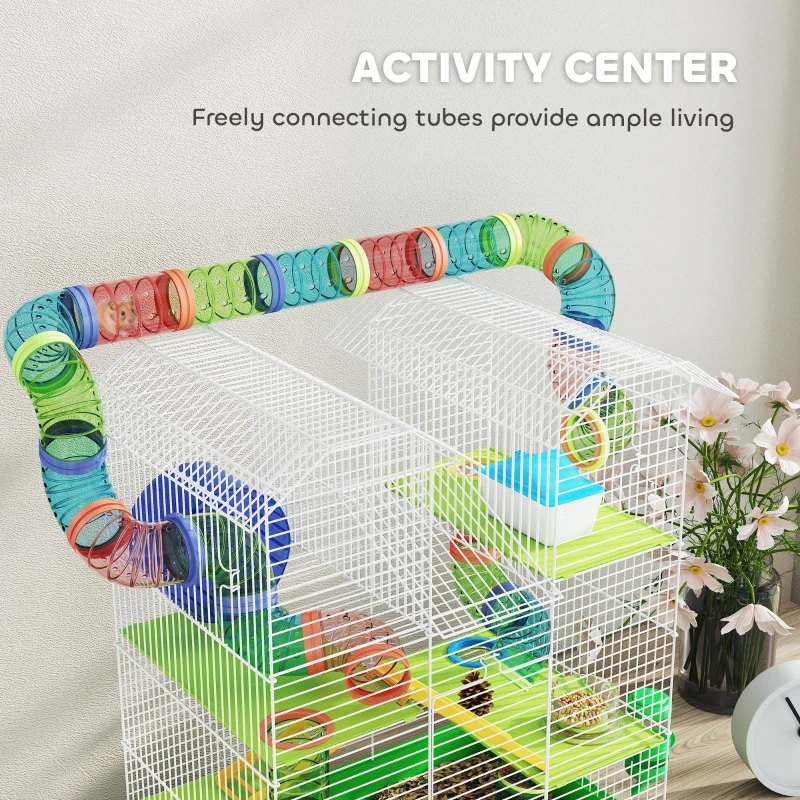 PawHut 5 Tier Hamster Cage With Tubes And Tunnels, Small Animal Cage, Rat Gerbil Cage With Water Bottle, Food Dish, Exercise Wheel, Green — imagen 3