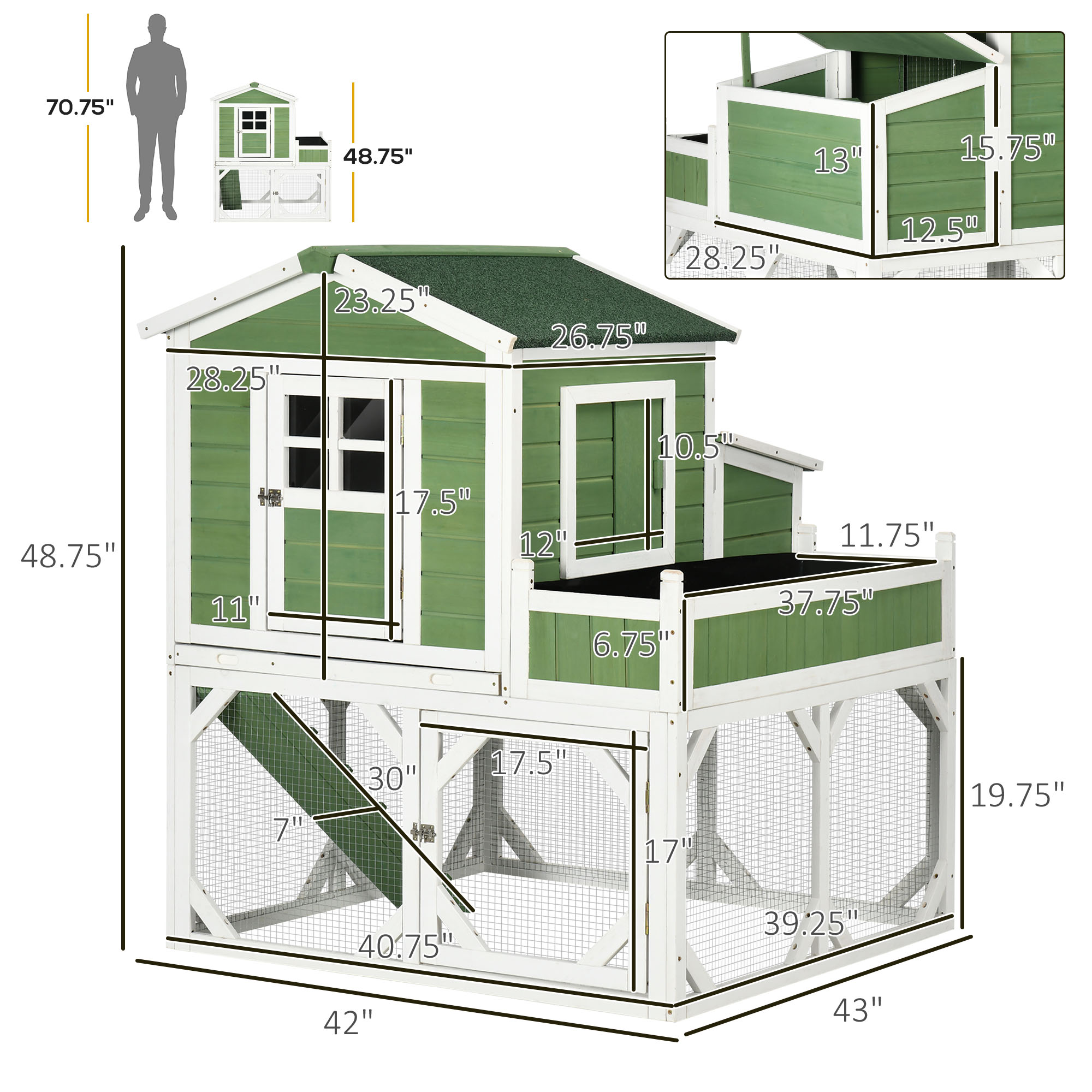 Gallinero Pequeño de 49" con Espacio de Jardín, Corral Exterior para Gallinas con Protección Climática, para 2-4 Aves, Verde — imagen 6