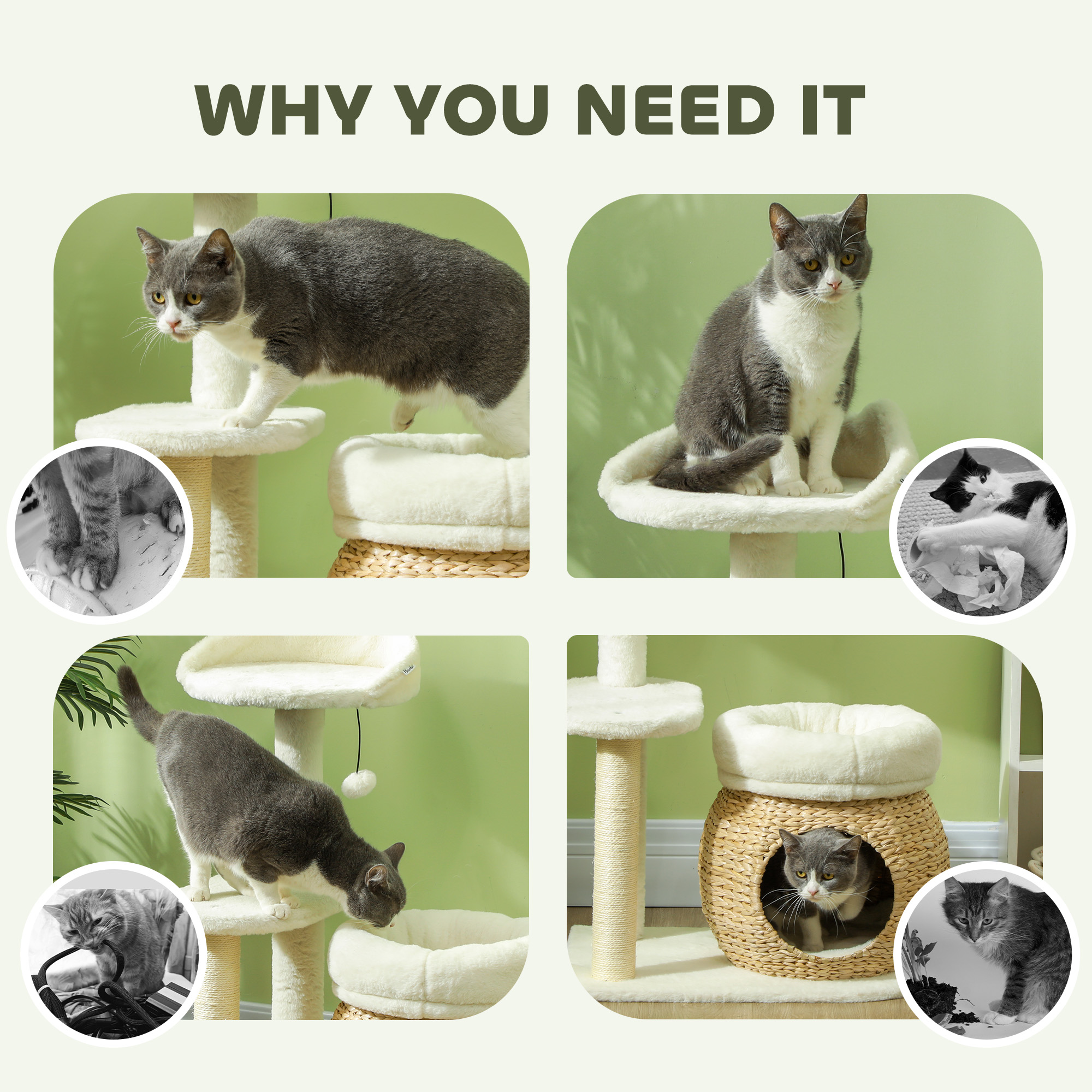 31" Cat Tree Tower with Scratching Posts, Cat Condo, Beds, Platform and Toy Ball for Indoor Cats, Cream White — image 7