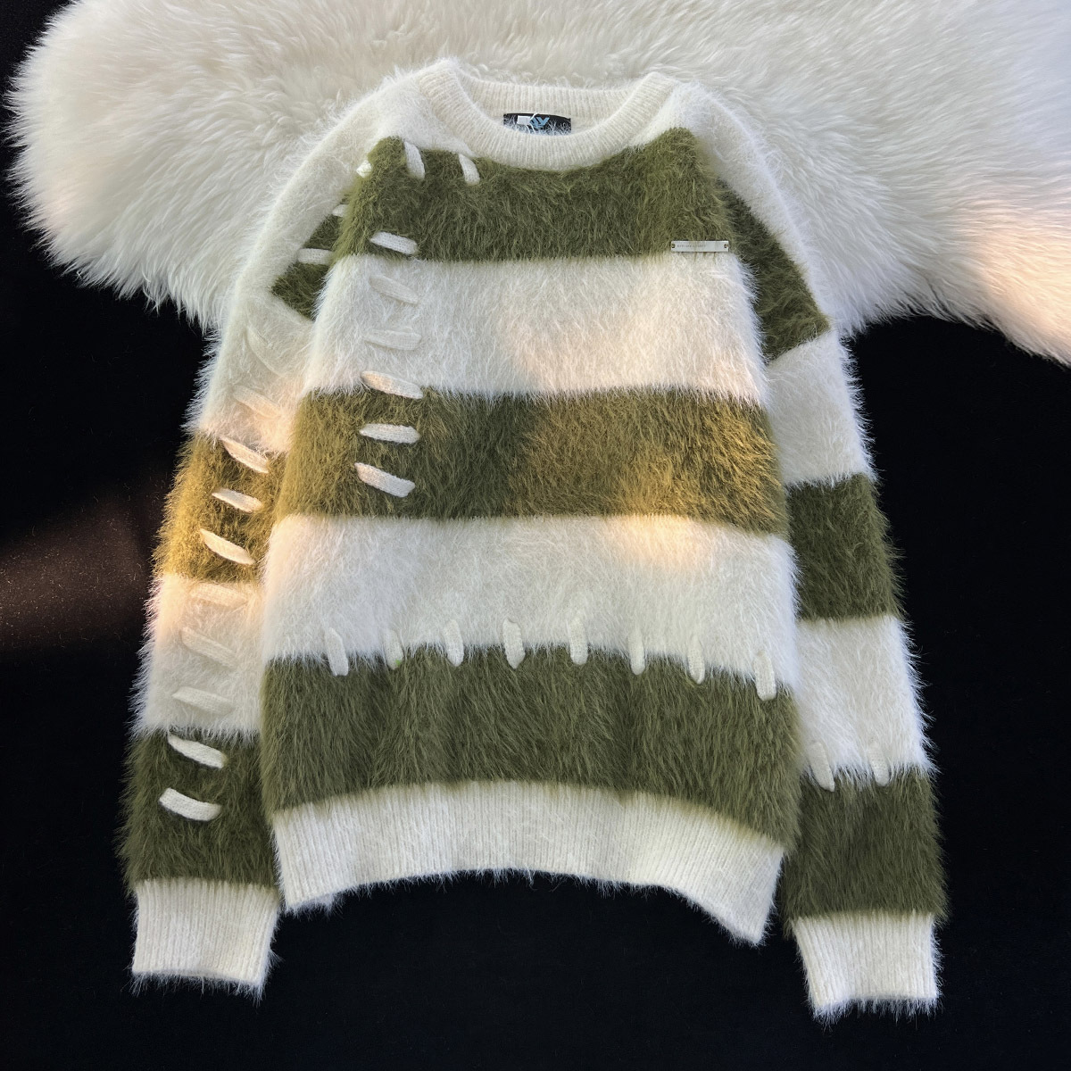 Wide Stripe Knit Sweater for Couples Soft Mink Wool Blend Lazy Long Sleeve Pullover — image 3