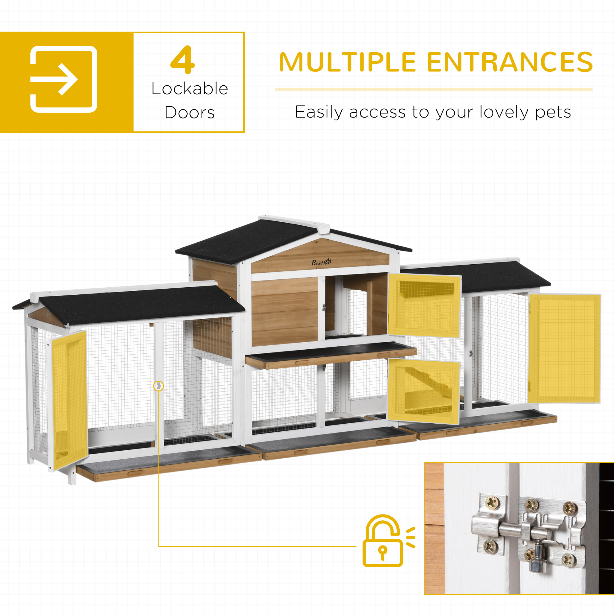 Conejera de Madera de 90.5", Jaula para Conejos, Corral y Casa para Mascotas con Cajas de Corral Laterales Dobles, Bandeja Antifugas, Rampa, para Conejos, Gallinas, Patos, Cobayas y Pequeños Animales, Blanco — imagen 7