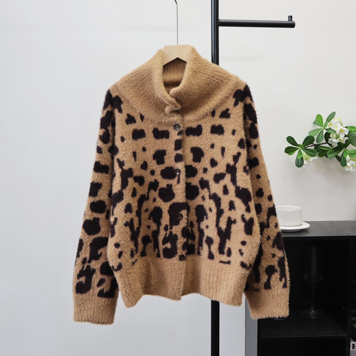 Leopard print high neck cardigan loose sweater — image 3