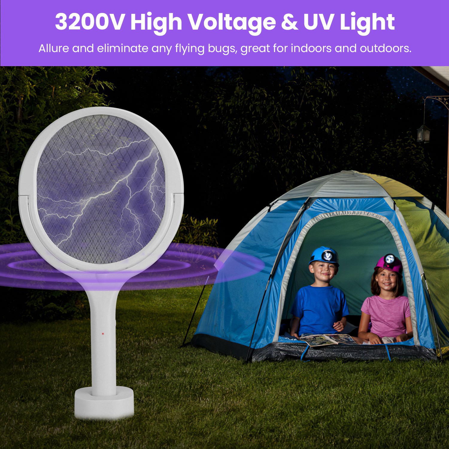 Raqueta Matamoscas Eléctrica 3 en 1 con Cabezal Giratorio de 90 Grados, Mata Mosquitos de Mano para Interior y Exterior con Vara de Extensión Telescópica — imagen 3