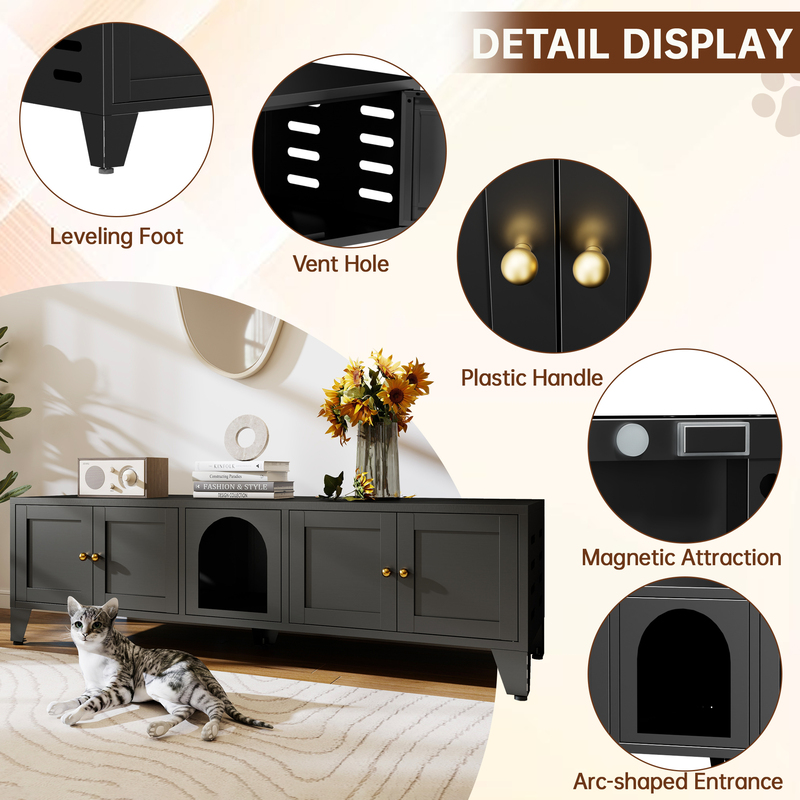 Caja de Limpieza para Gatos en Metal, Encierro Oculto para 2 Gatos, Casa Grande para Indor con Ventilación y 2 Compartimentos, Negro Moderno — imagen 5