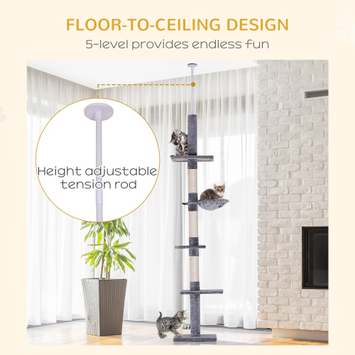 PawHut 9' Adjustable Height Floor-To-Ceiling Vertical Cat Tree - Grey And White — image 7