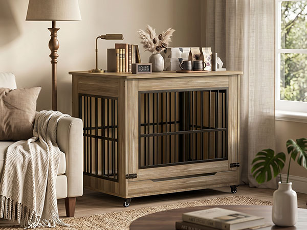 Large Dog Crate Furniture, Double Door Wooden Indoor Dog Kennel Furniture, Decorative Pet Cage End Table With Wheels For Large Breed Dogs, Size XL, Greige — image 18