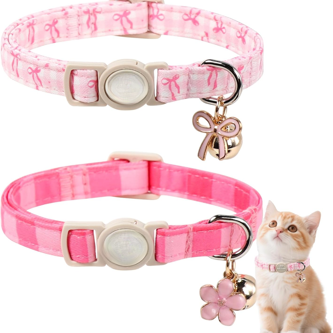 Paquete de 2 Collares Rosas Para Gatos, Primavera Verano, Collar de Seguridad Con Liberación Automática, Cascabel, Lazo y Colgante de Flor, Collares Ajustables Para Gatitas, Lindo Lazo de Cuadros Rosa — imagen 1