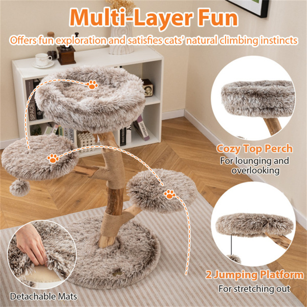 Árbol de Gato Multinivel en Madera de Perejil Natural, Postes de Rasguñado de Sisal, Pelotas Plumas y Tela Larga — imagen 5