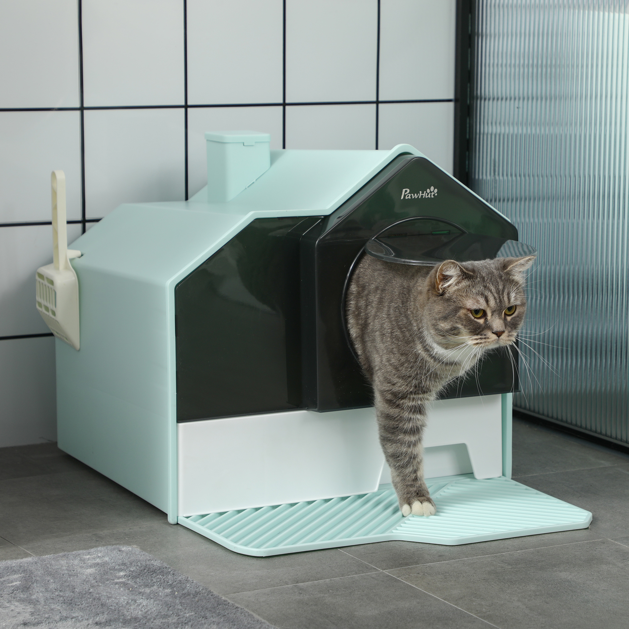 Hooded Cat Litter Box w/ Litter Mat, Litter Particle Catching, Light Blue — image 4
