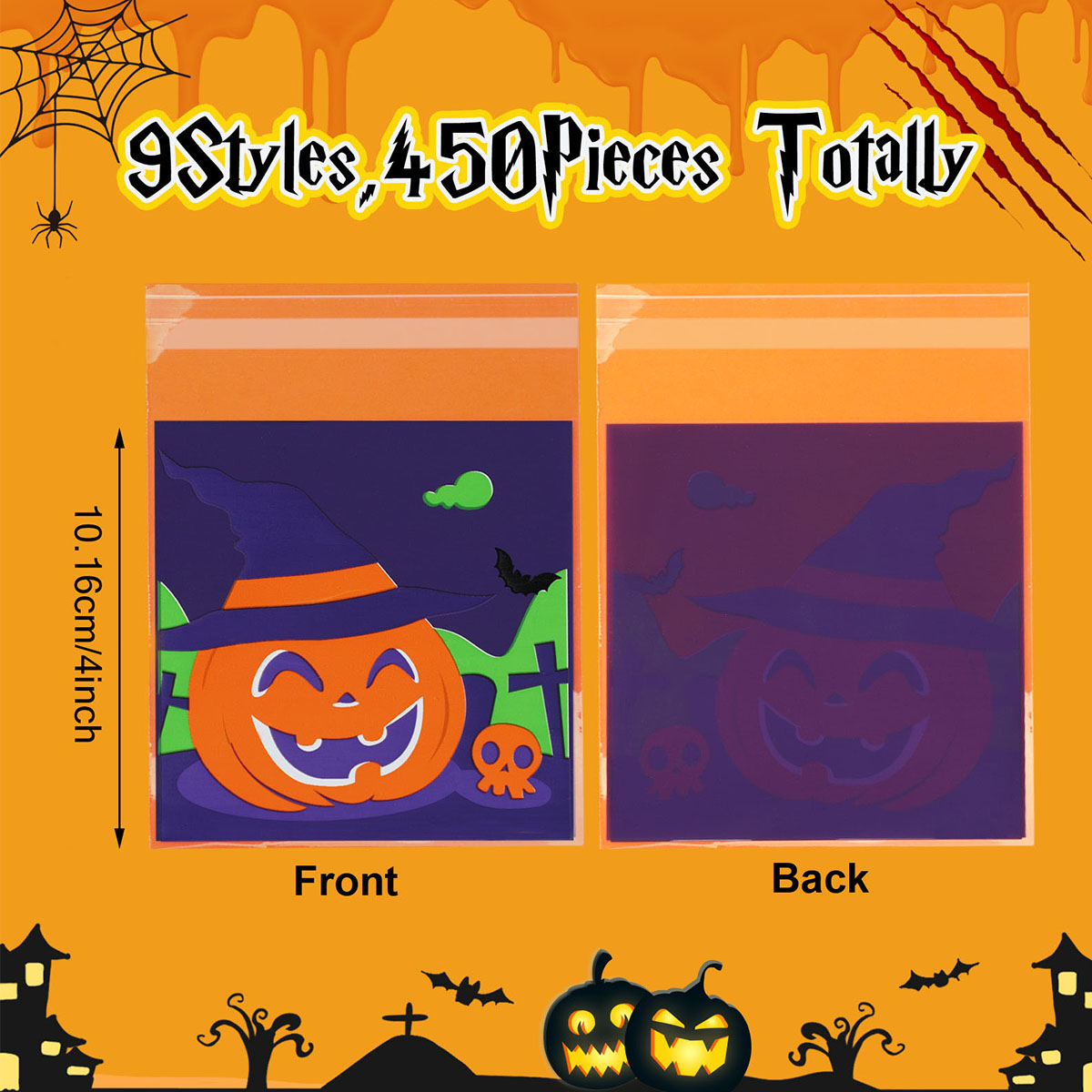 450 bolsas de celofán para dulces de Halloween, autoadhesivas y transparentes, para dulces y galletas, diseño de calabaza, fantasma, gato negro y calavera, bolsas de truco o trato para fiestas de cumpleaños y Halloween — imagen 5