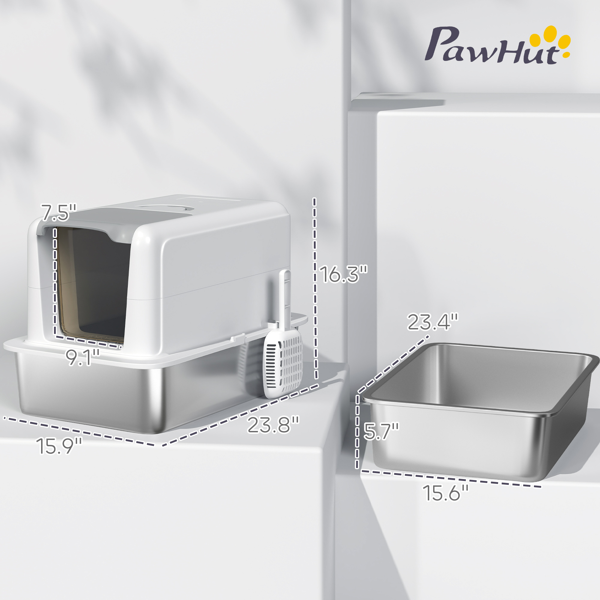 2 In 1 Stainless Steel Cat Litter Box With Removable Lid, Scoop, Filter Bags, For Small To Large Cats, White — imagen 3