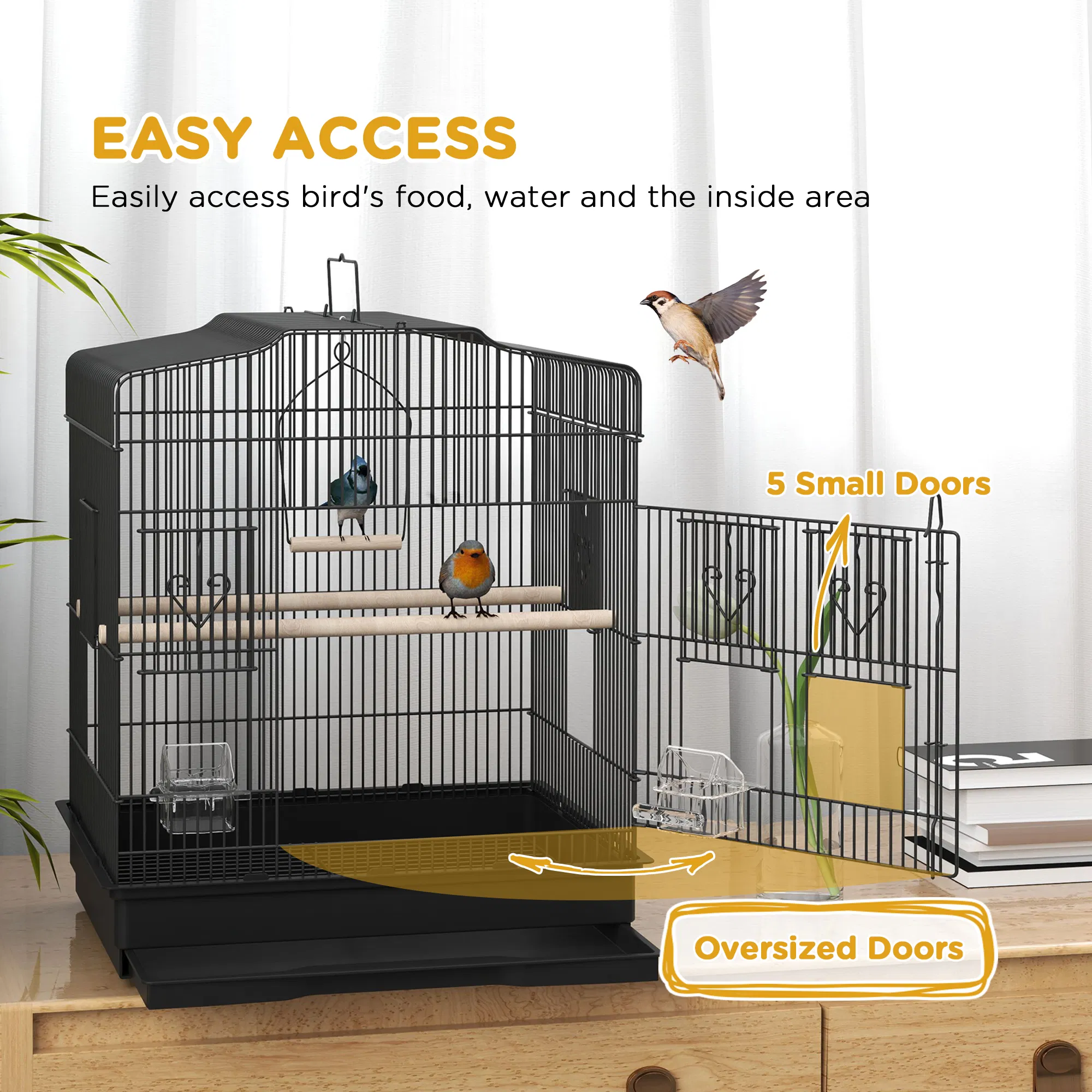 23" Bird Cage, Finches Canaries, Parrot Cage with Doors Perches, 2 Feeder Pet Supplies, Black — image 5