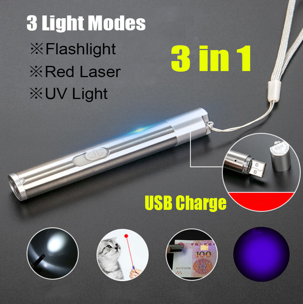 Puntero de Láser Rojo USB Recargable con Luz LED 3 en 1 Linterna UV para Mascotas — imagen 1