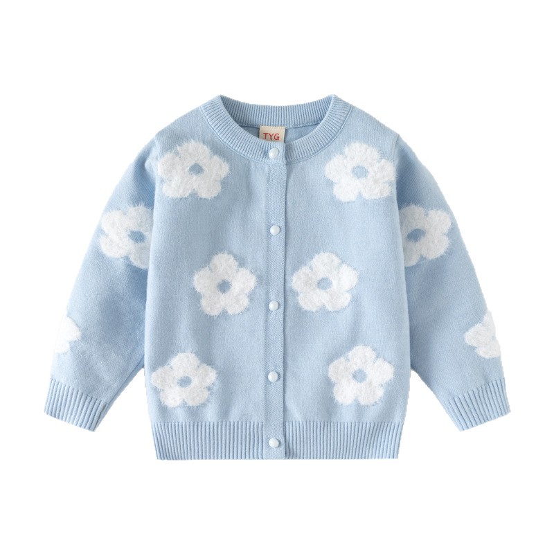 Girls Floral Print Knit Cardigan, Soft Faux Mink Sweater, Single Layer Button Front Top — image 4