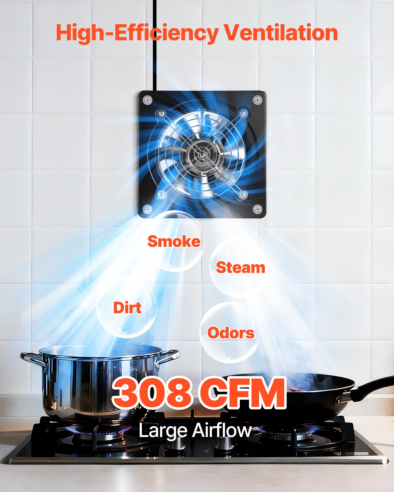 Ventilador de Exhausto 308 CFM con Alto Rendimiento de Velocidad, Montaje en Pared con Control On/Off, Baja Consumo, Extractor Portátil de Ventilación para Sótano, Garaje, Cocina, Pollo, Negro — imagen 2