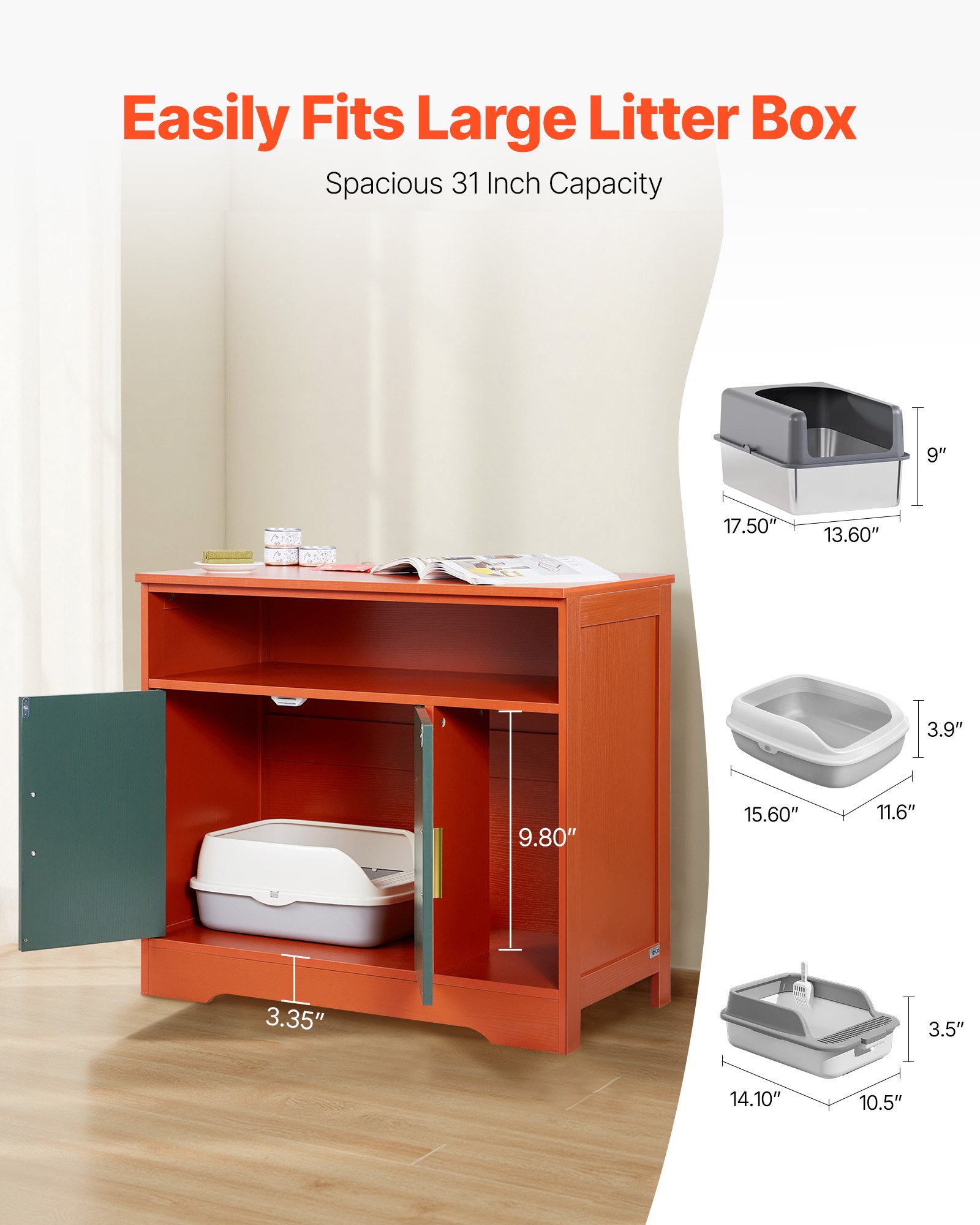 Cat Litter Box Enclosure, 31 In Hidden Litter Box Cabinet With Shelf & Storage, Modern Style Indoor Cat Washroom, Wooden Kitty House Furniture End Table, Fit Most Litterboxes, Red & Green — image 5