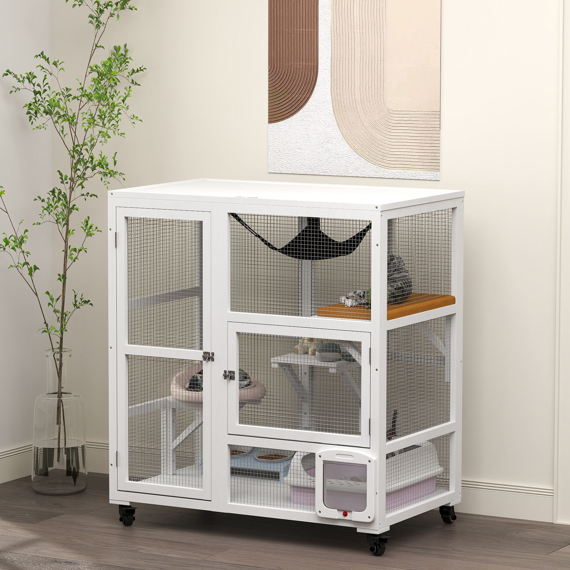 Casa para Gatos, Encierro Interior en Ruedas con Parte Superior Abatible, 39", Blanco — imagen 4