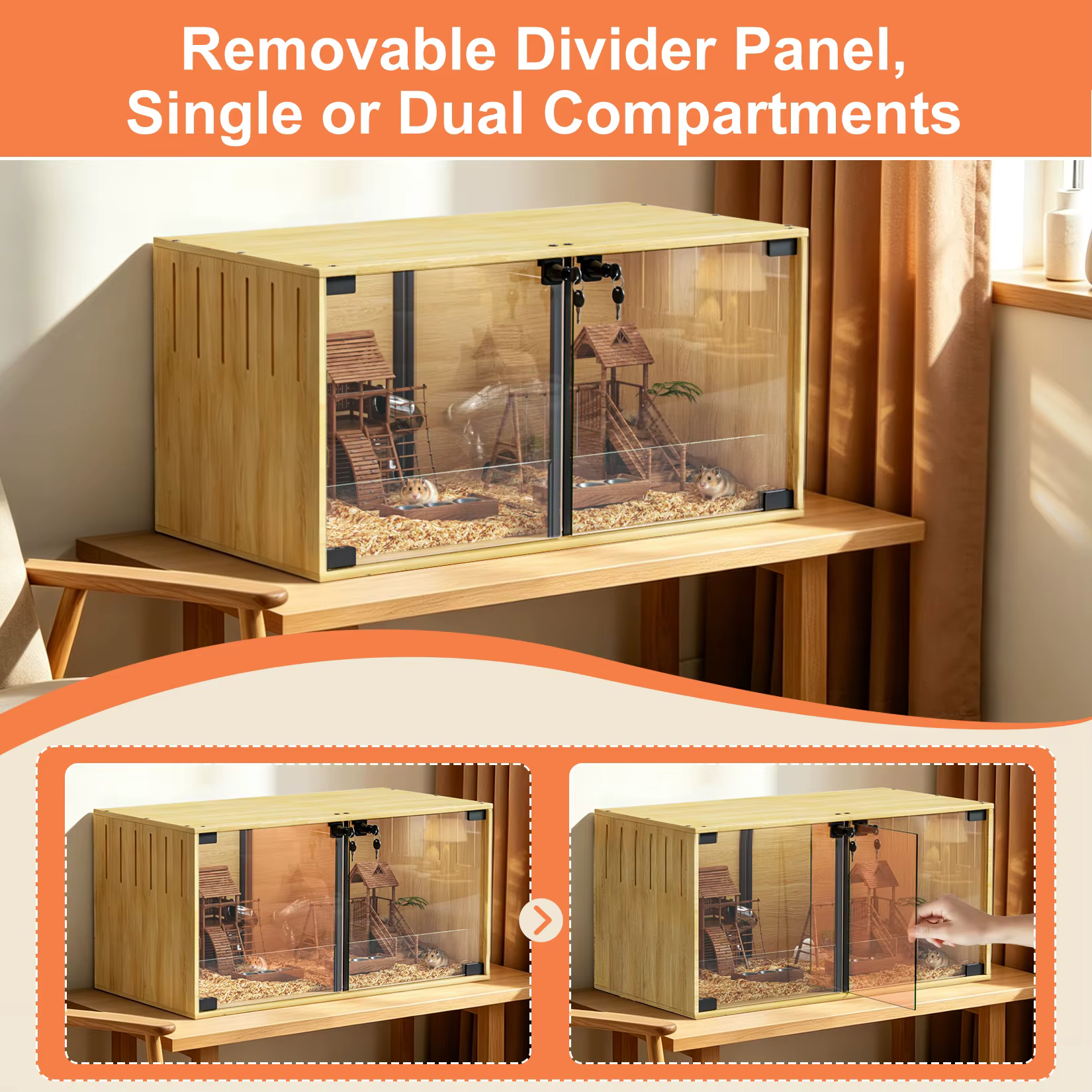 Wooden Hamster Cage Chew-proof Small Animal Habitat Cage with Dual Doors Lock Removable Divider Hedgehogs Enclosure — image 7