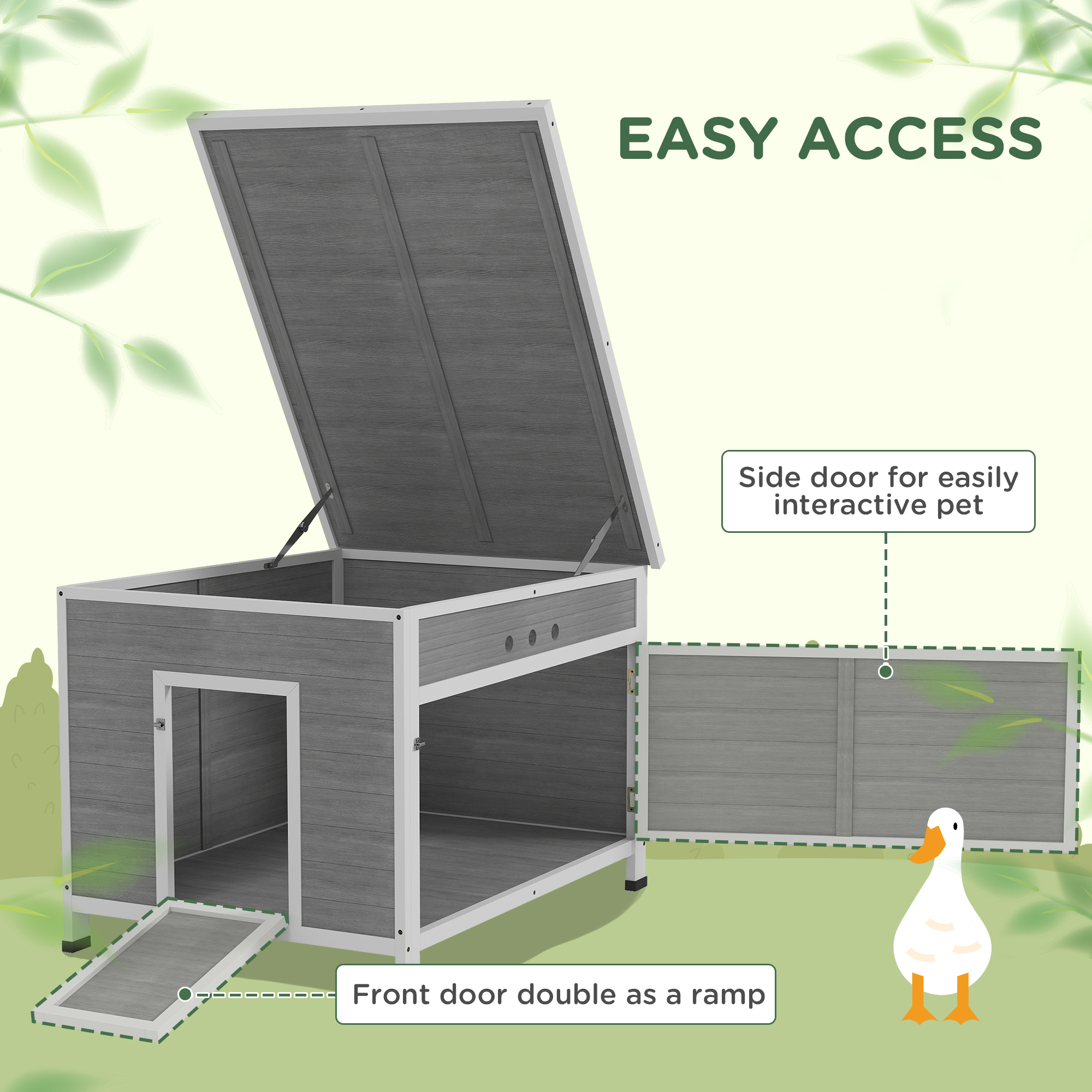 Wooden Duck Coop with Openable Roof, Removable Floor, Double Doors, Ramp, for 3-6 Ducks, Chickens, 30" x 38" x 30" — imagen 4