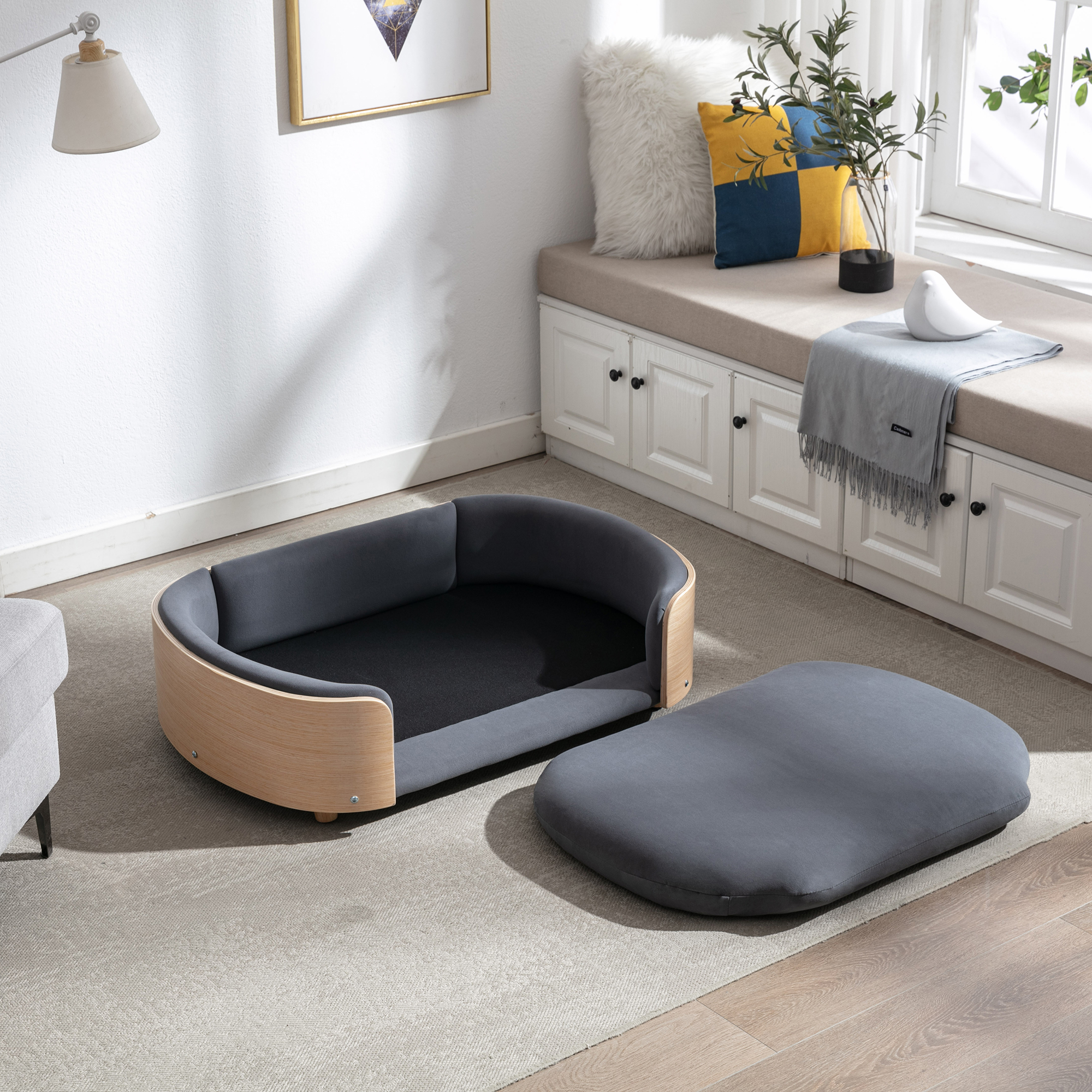 Scandinavian style Elevated Dog Bed Pet Sofa With Solid Wood legs and Bent Wood Back, Velvet Cushion, Large Size — image 19
